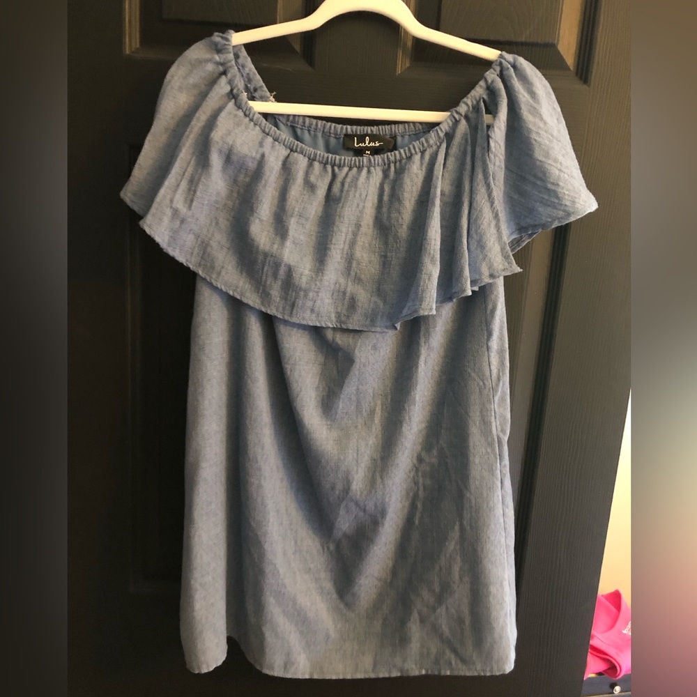 Off the shoulder denim colored blue dress.